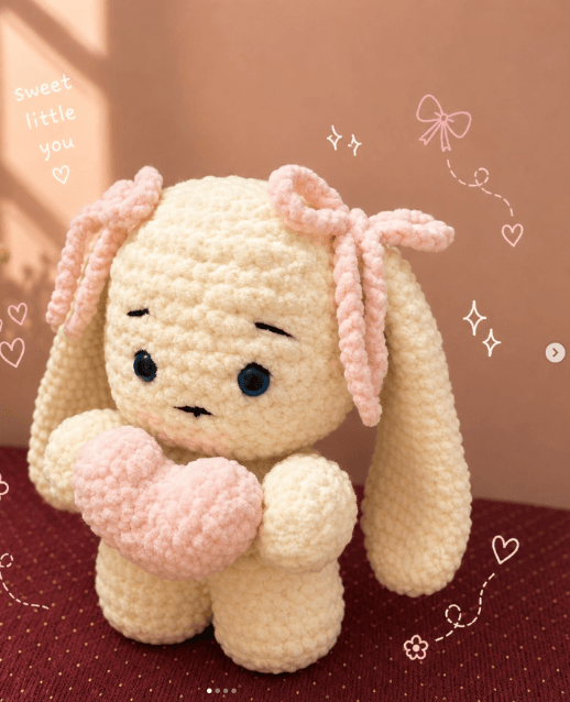 Cream crochet bunny holding a pink heart