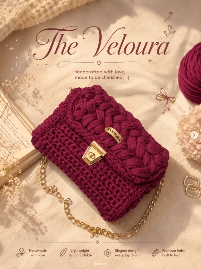 The Veloura, a wine-red crochet bag with a braided flap and gold chain